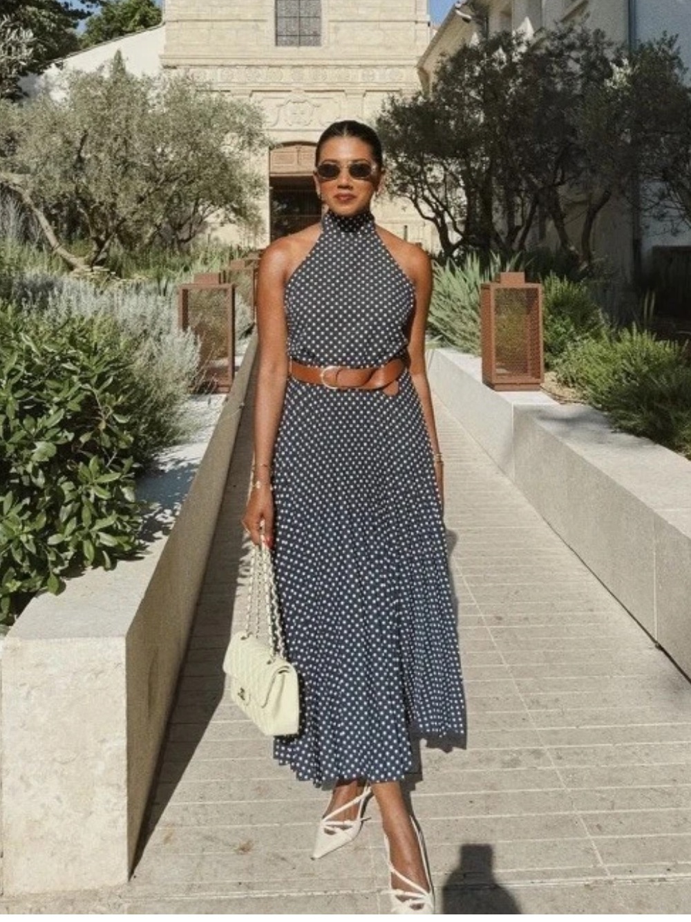 ZARA Navy Polka Dot Halter Maxi Dress with Brown Belt - Picture 4 of 13